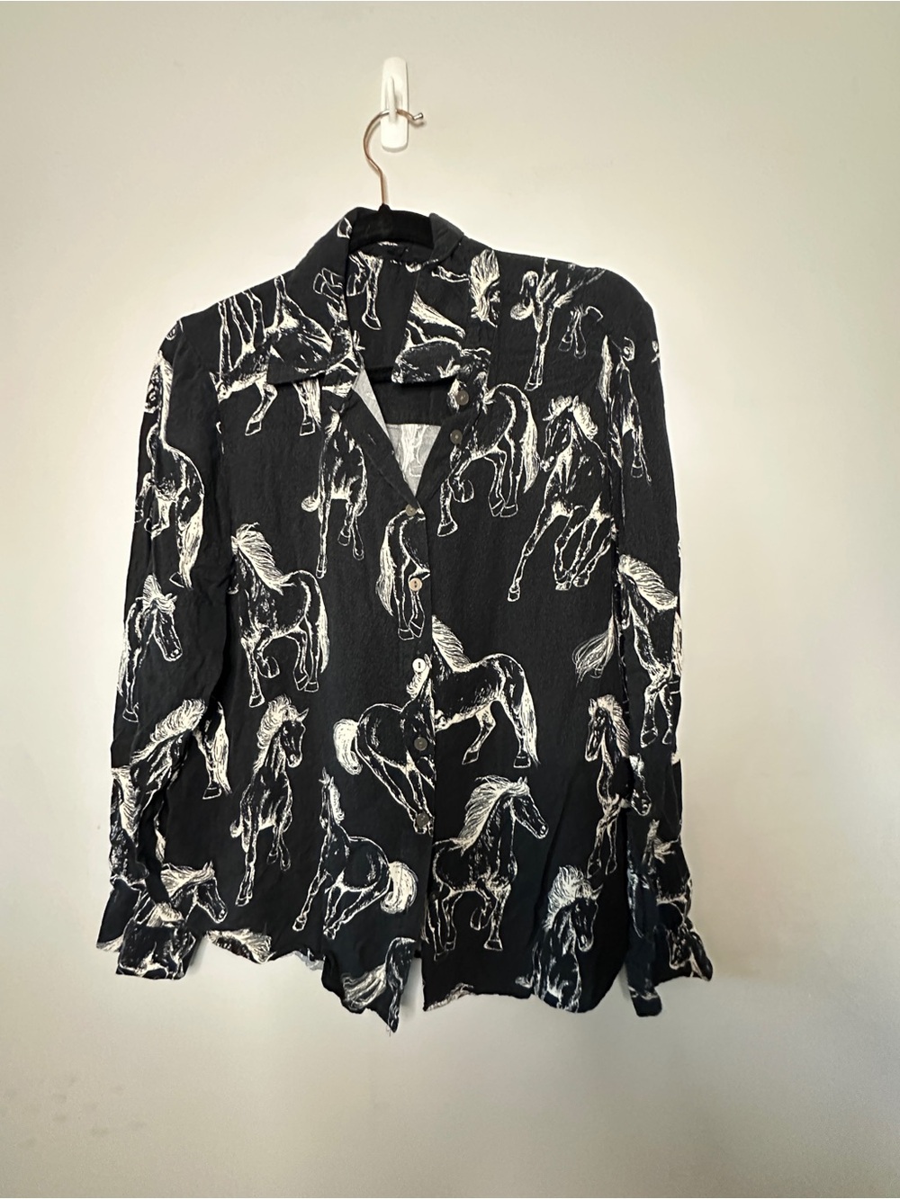 Jane and Delancey Black Button-Down Shirt with White Horse Print